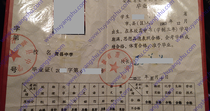 安徽省萧县中学2003年高中毕业证样本