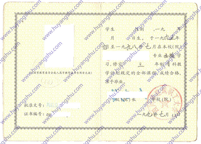 四川省建筑职工大学1998年成人教育大专毕业证样本