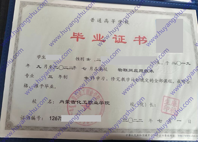 内蒙古化工职业学院2022年统招大专毕业证书样本（物联网技术）