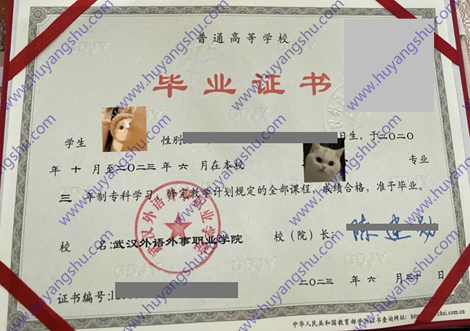 武汉外语外事职业学院毕业证样本图片