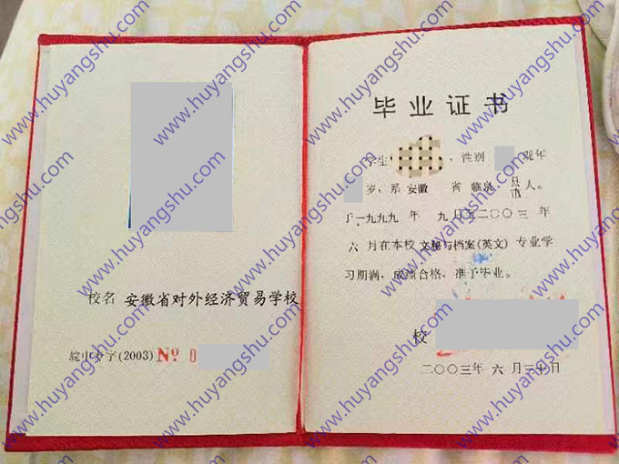 安徽省对外经济贸易学校2003年中专毕业证书样本