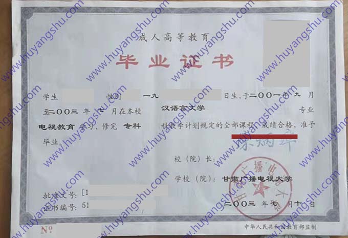 甘肃广播电视大学2003年电视教育大专毕业证书样本（汉语言文学）