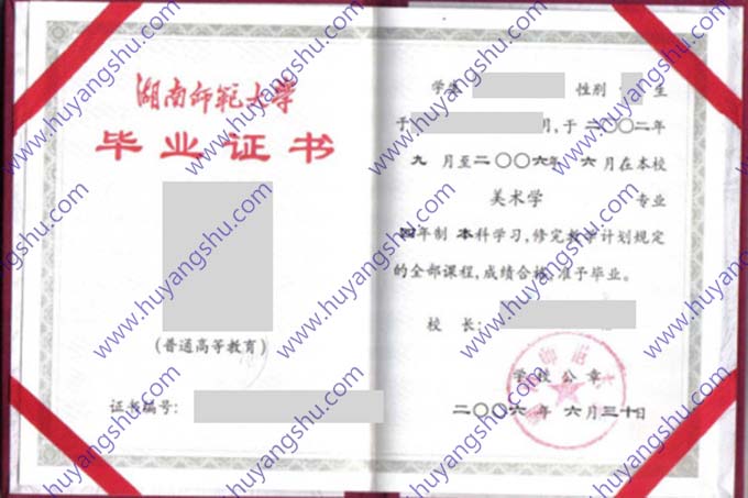 湖南师范大学2006年统招全日制本科毕业证书样本（美术学）